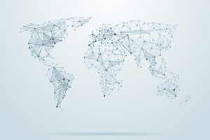 Vector low poly world map illustration. Point and geometrical form, structure line