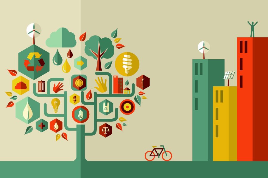 Sustainable energy town concept  . Vector file layered for easy manipulation and custom coloring.