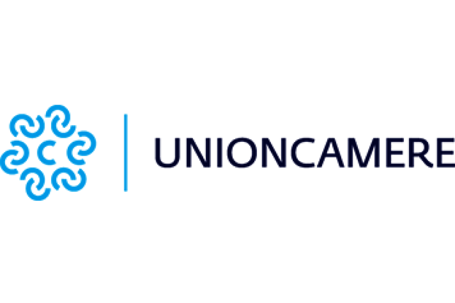 scritta unioncamere affiancata dal logo, che è composto da un insieme di c intrecciate che formano un esagono